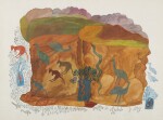 UNTITLED (LANDSCAPE WITH SNAKES, EMUS AND OTHER BIRDS, WALLABIES AND A GOANNA), CIRCA 1965