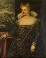 Portrait of a lady, traditionally identified as Rita Bellesi, three-quarter length, wearing elaborate Venetian dress, standing beside a table, a villa beyond