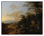 An Italianate landscape with travelers and mules by a waterfall