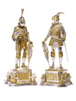 A Pair of German Parcel-Gilt Silver Standing Knights in Armor, Marked Os, 20th Century