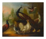 ATTRIBUTED TO MARMADUKE CRADOCK | PEACOCKS, CHICKENS AND OTHER BIRDS IN A RIVER LANDSCAPE 