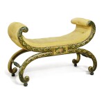A REGENCY POLYCHROME PAINTED AND YELLOW UPHOLSTERED X-FRAME WINDOW SEAT, CIRCA 1810
