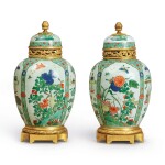 A PAIR OF LOUIS XVI STYLE GILT BRONZE-MOUNTED FAMILLE-VERTE VASES, THE PORCELAIN QING DYNASTY, 19TH CENTURY