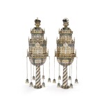 A Pair of Massive Silver-Gilt and Enamel Architectural Torah Finials, Late 20th Century