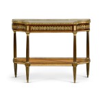 A Louis XVI gilt-bronze and brass mounted mahogany and satinwood console desserte, circa 1790
