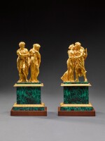 A pair of Empire gilt-bronze and malachite figures of 'La Brouille' and 'Le Raccommodement' attributed to Denière & Matelin, Paris, circa 1810