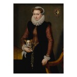 Portrait of a young woman, aged 17, holding a small spaniel wearing a collar of bells