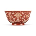 A coral-red reserve-decorated 'floral' bowl, Seal mark and period of Qianlong