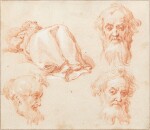 A Reclining young man and three studies of old mens' heads | Jeune homme allongé et trois études de têtes de vieux hommes