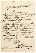 [R. Wagner] Remarkable autograph letter by Ludwig II, quoting from "Die Walküre" and declaring his devotion, c.1864