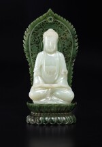 A very rare pale celadon jade figure of Buddha and spinach-green jade stand, Qing dynasty, Qianlong period | 清乾隆 青白玉雕佛坐像連碧玉蓮座