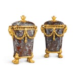 A pair of Louis XVI gilt-bronze mounted jasper pots-pourris vases, late 18th century