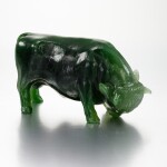 AN EXCEPTIONAL FABERGÉ JEWELLED NEPHRITE MODEL OF A BULL, ST PETERSBURG, CIRCA 1900