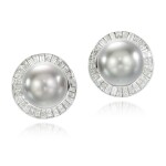 Pair of cultured pearl and diamond ear clips, 1992