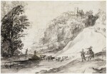 Italian landscape with hill-top town and herdsmen     