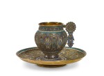  A silver-gilt and cloisonné enamel cup and saucer, Ivan Saltykov, Moscow, 1887