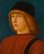 Portrait of a boy, bust-length, wearing a black hat and red jacket