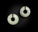 Two celadon jade slit rounded rings, jue Neolithic period, Xinglongwa or Hongshan culture | 新石器時代 興隆窪或紅山文化青白玉玦兩件