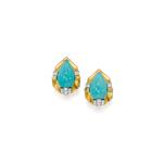 David Webb | Pair of Gold, Turquoise and Diamond Earclips