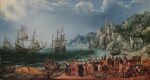 Dutch Ships off a Rocky Coast with a Fishmarket on the Beach