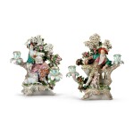 A PAIR OF DERBY BOCAGE CANDLESTICK FIGURES ALLEGORICAL OF 'LIBERTY' AND 'MATRIMONY', CIRCA 1770-75