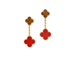  "Alhambra" Pair of Carnelian and Tiger's Eye Pendent Ear Clips | 梵克雅寶 | "Alhambra" 紅玉髓 配 虎眼石 耳夾一對