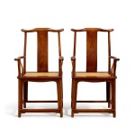 A rare pair of huanghuali yoke-back armchairs, sichutou guanmaoyi Late Ming dynasty | 明末 黃花梨四出頭官帽椅成對