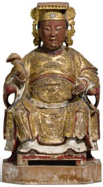A gilt and lacquered wood figure of a dignitary, Qing dynasty, 19th century | 清十九世紀 漆金木神仙坐像