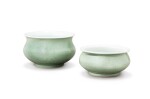 Two incised celadon-glazed 'peony' brush washers Qing dynasty, Kangxi period | 清康熙 青釉暗刻牡丹紋洗一組兩件