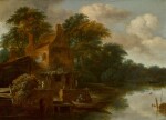 SALOMON ROMBOUTS | A river landscape with a fisherman in his boat by a cottage