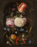Still life of flowers in a glass vase with insects and fruits in a stone niche