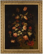 FRANCESCO MANTOVANO | Still life of flowers in an urn, including tulips, roses and poppies, all on a stone ledge