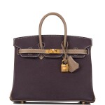 HERMÈS | HORSESHOE STAMP (HSS) BICOLOR RAISIN AND ETOUPE BIRKIN 25CM IN CHEVRE LEATHER WITH GOLD HARDWARE