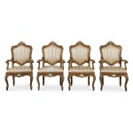 A Set of Four Venetian Rococo Red Lacquer and Parcel-Gilt Armchairs, Mid-18th Century