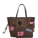 Louis Vuitton Patches Neverfull MM of Damier Ebene Canvas with Polished Brass