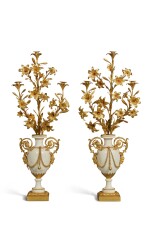 A Pair of Gilt Bronze and White Marble Three-Light Lily Branch Candelabra, Late 18th/Early 19th Century