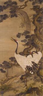 Two Cranes and Pine, ink and color on silk, framed| 佚名 十六 / 十七世紀 松鶴圖 設色絹本 鏡框