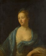 Portrait of the Hon. Catherine Windsor (née Archer), Countess of Plymouth (1727–1790), half-length, wearing a white dress, a blue shawl worked with silver threads and a matching cap