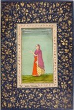 A folio from a 'Polier Album': A lady holding a wine cup and a flask, India, Provincial Mughal, Lucknow, circa 1760-70