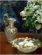AN EARLY VICTORIAN SILVER-GILT MOUNTED FROSTED GLASS EWER AND BASIN, CHARLES THOMAS AND GEORGE FOX, LONDON, 1842