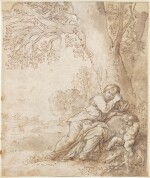 A lovesick young woman seated beneath a tree, contemplating Cupid who sits beside her