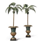  A PAIR OF GILT AND PAINTED BRONZE, METAL AND TOLE POTTED PALM TABLE ORNAMENTS