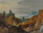 An extensive mountainous landscape with travellers on a path, with a castle and the sea beyond