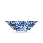 A rare blue and white conical bowl, Mark and period of Yongzheng | 清雍正 青花纏枝花卉紋斗笠盌 《大清雍正年製》款