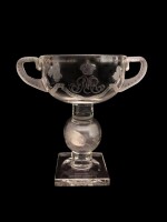 An engraved glass two-handled cup celebrating the Silver Jubilee of King George V, 1935