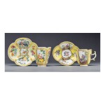 A MEISSEN YELLOW-GROUND QUATREFOIL CUP AND A SAUCER AND A RARE CHINESE EXPORT FAMILLE-ROSE QUATREFOIL BEAKER AND SAUCER CIRCA 1740 AND QING DYNASTY, TONGZHI PERIOD, CIRCA 1865 | 約1740年 邁森開光黃地花卉人物圖海棠式盃連盞 清同治 約1865年 粉彩開光黃地花卉人物圖海棠式盃連盞 