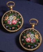 A VERY FINE COMPLEMENTARY PAIR OF CONSECUTIVELY NUMBERED GOLD, ENAMEL AND PEARL-SET DUPLEX WATCHES WITH MIRROR IMAGE FLORAL BOUQUETS, MADE FOR THE CHINESE MARKET CIRCA 1845, NOS. 3615 & 3616 [黃金畫琺瑯鑲珍珠懷錶一對，錶殼彩繪對稱花束，年份約1845，相連編號3615及3616]
