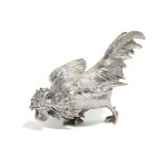 An unusual Victorian silver salt and pepper shaker in the form of a fighting cock, E. H. Stockwell, London, 1883