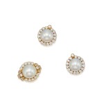 Gold, Cultured Pearl and Diamond Ring and Pair of Earclips