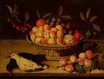 Still life with a basket of peaches, plums and cherries and two dead pigeons